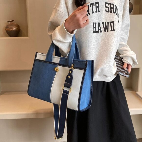 Canvas Denim Tote Bag for Women, Two Tone Splicing, Leather Accents, Medium - Picture 2 of 7
